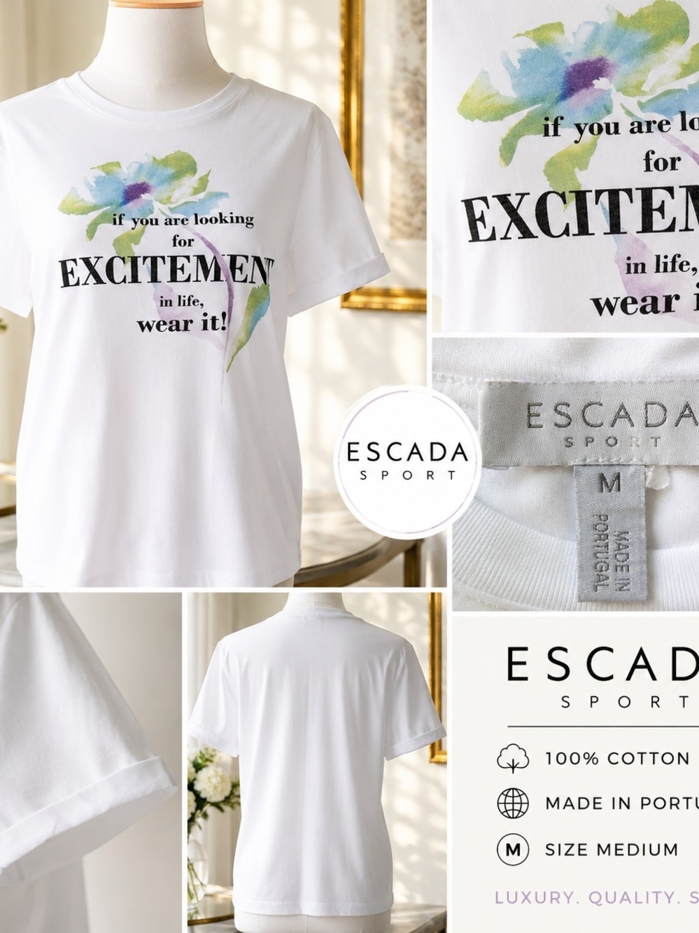 ESCADA SPORT White Graphic T-Shirt Size M Floral Cotton